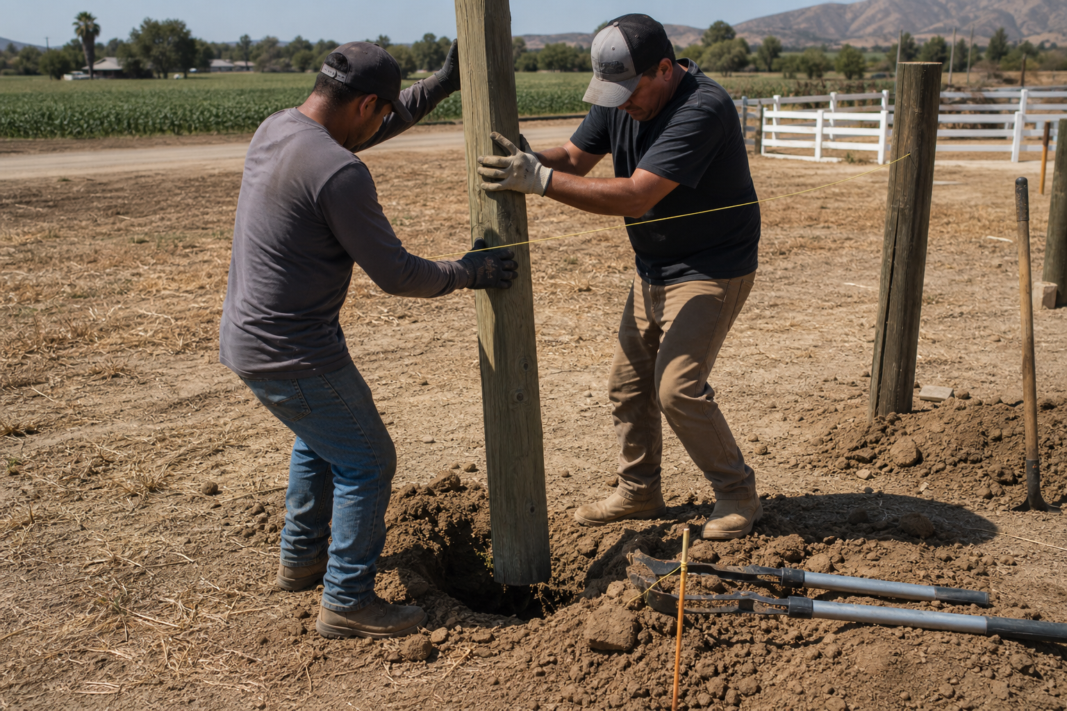 Fence crew setting a treated post on a California lot