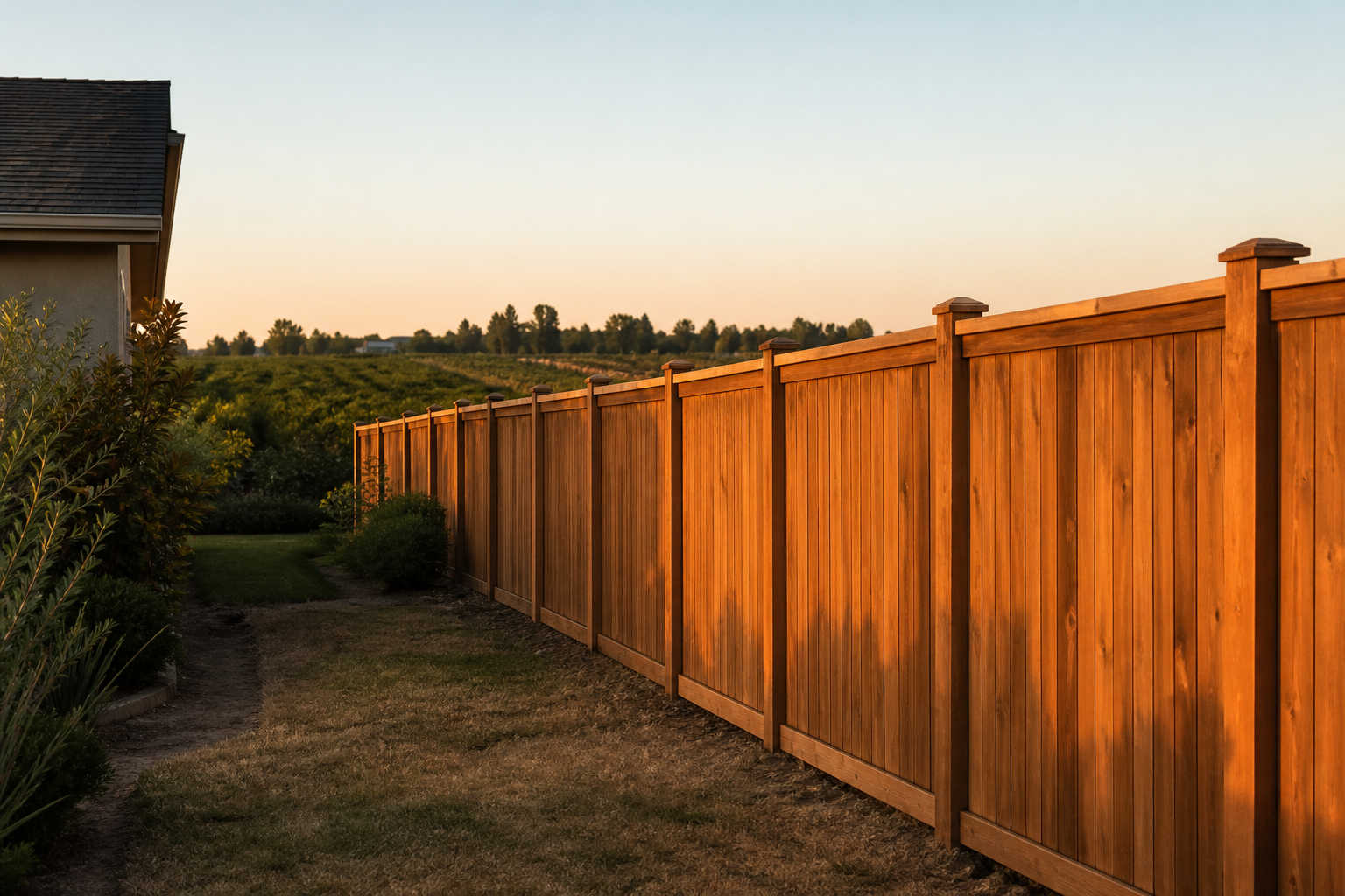 Cedar privacy fence along a Central Valley backyard