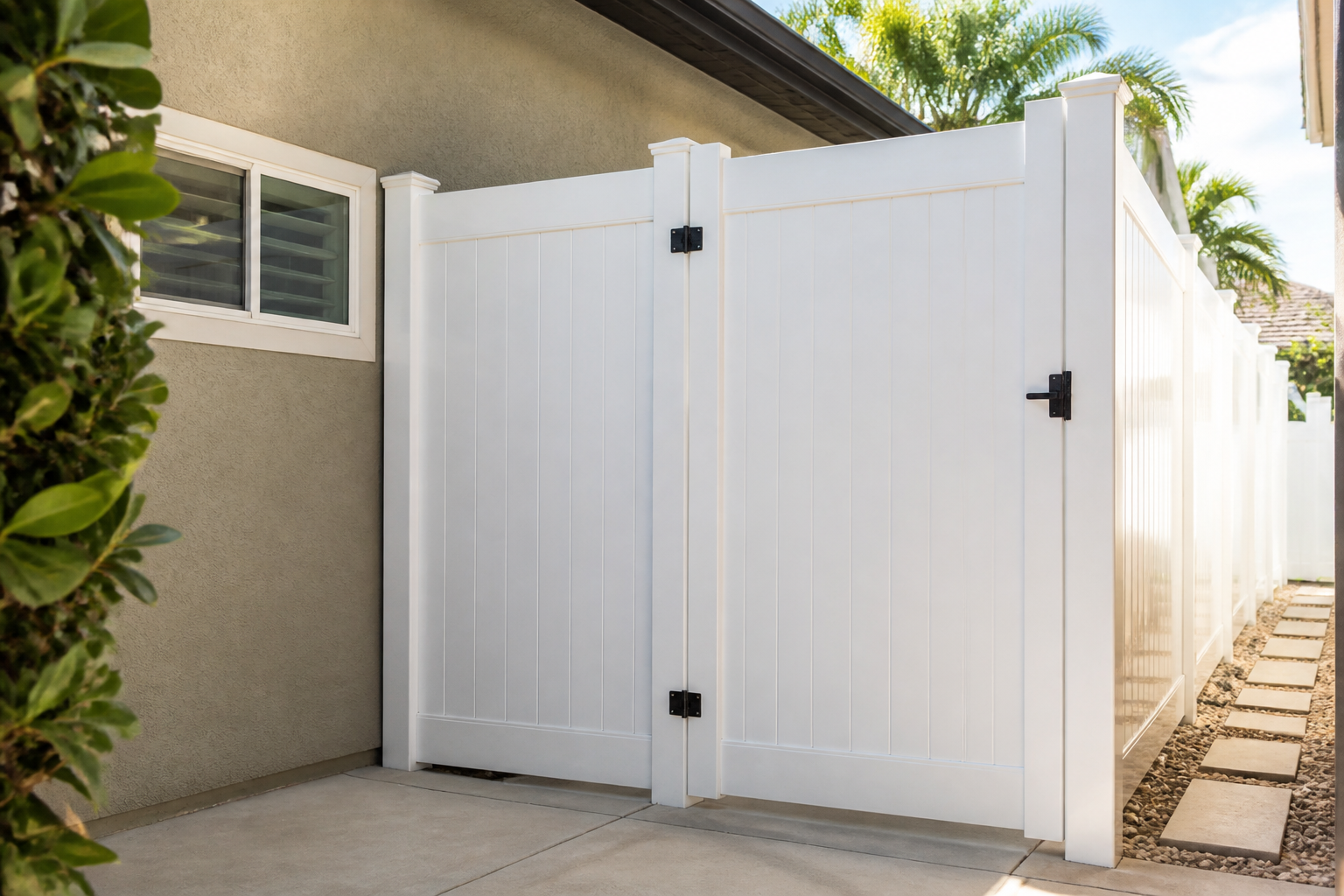 White vinyl privacy fence with a matching walk gate